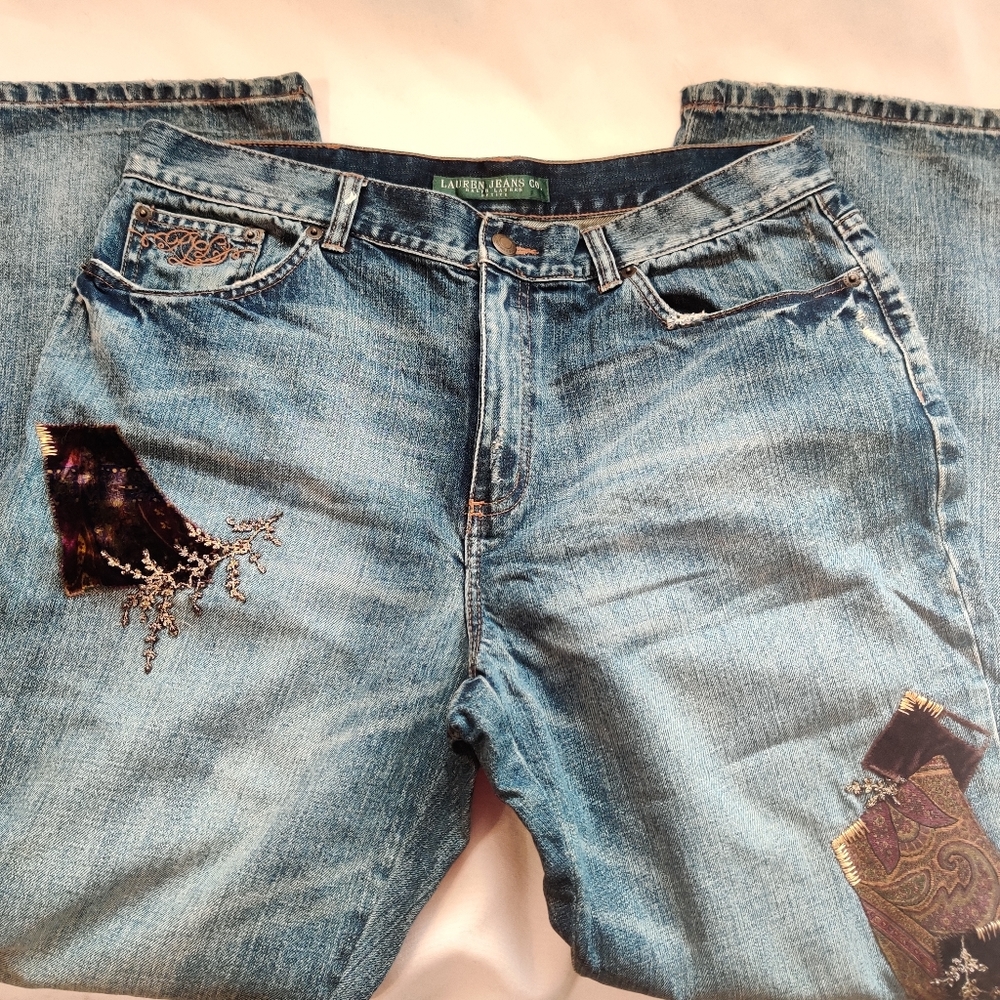 Ralph Lauren Distressed Light Blue Patchwork Jeans - Picture 3 of 14